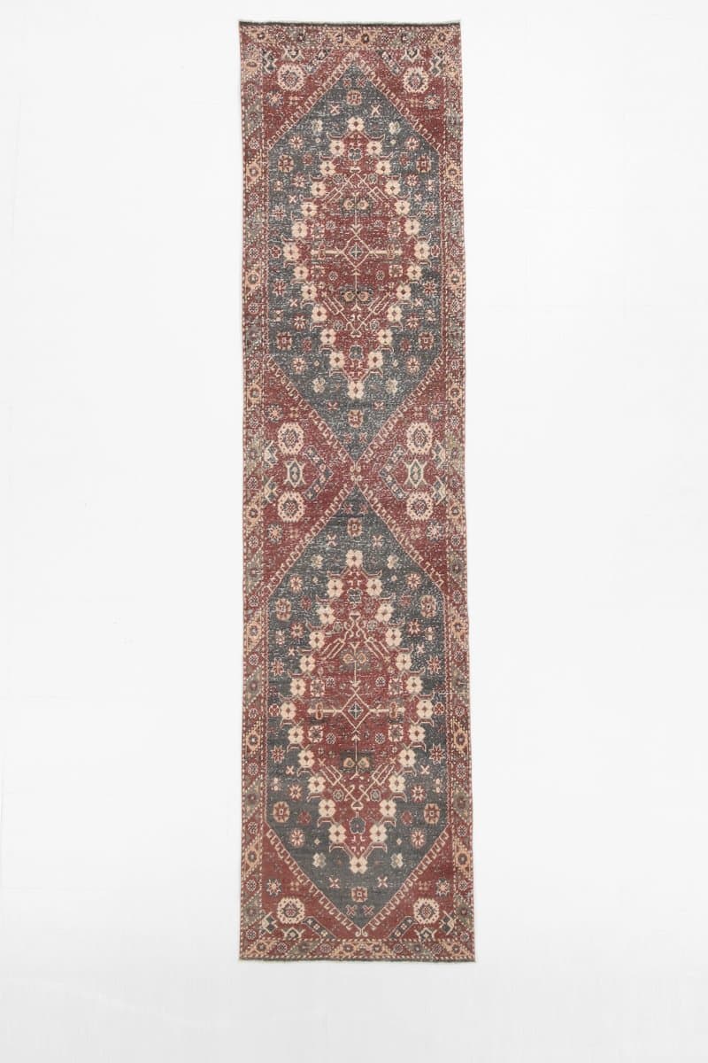 Runner Rug 94x387 cm, red, green, wool, Turkey, 1960s. - 221628