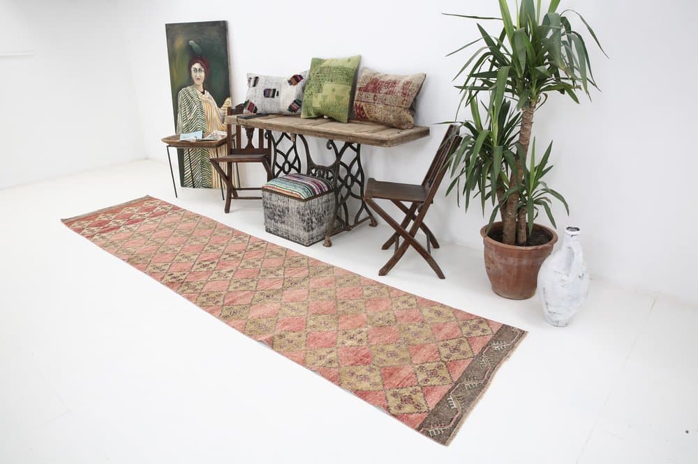 Chodnik 374x85 cm, różowy, wełna, Turcja, lata 60. - 221573