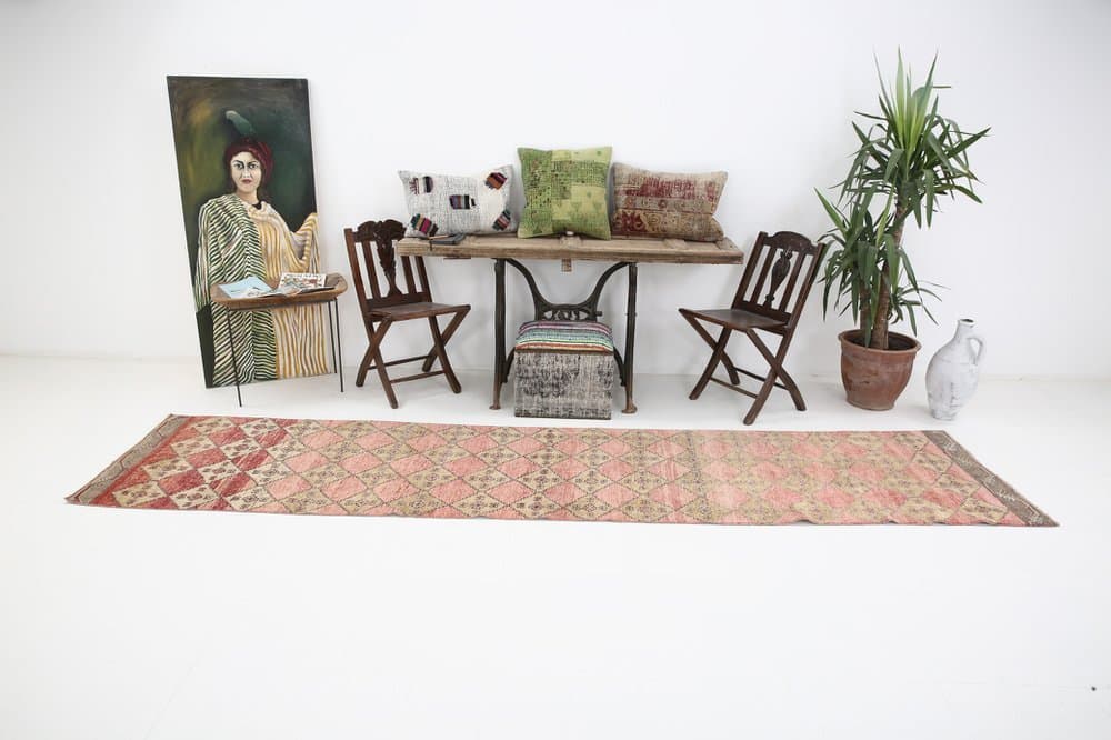 Chodnik 374x85 cm, różowy, wełna, Turcja, lata 60. - 221577