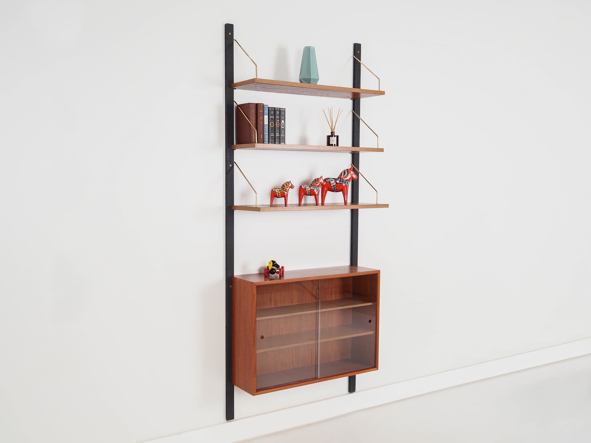 Regał systemowy, brązowy, teak, metal, szkło, Dania, lata 60. - 222327