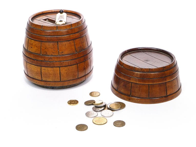 Skarbonka beczka, Biedermeier, orzech brązowy, Polska, XIX wiek - 222436