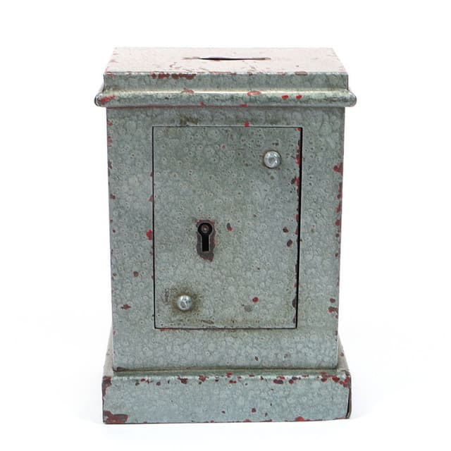 Skarbonka sejf, szary, metal, Polska, lata 50. - WYMIARY