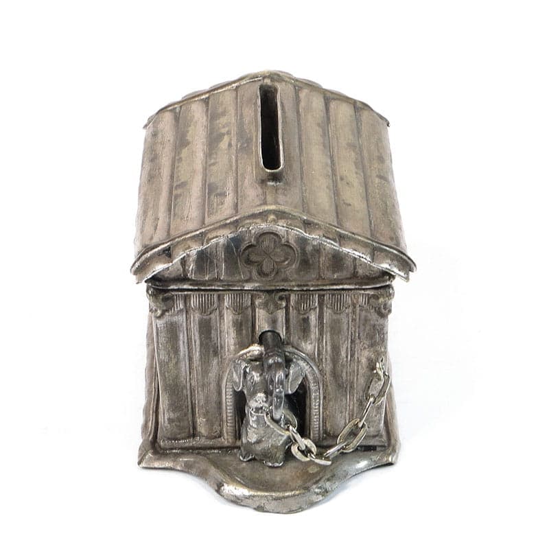 Skarbonka buda dla psa, srebrny mosiądz, Polska, XIX w. - 222467