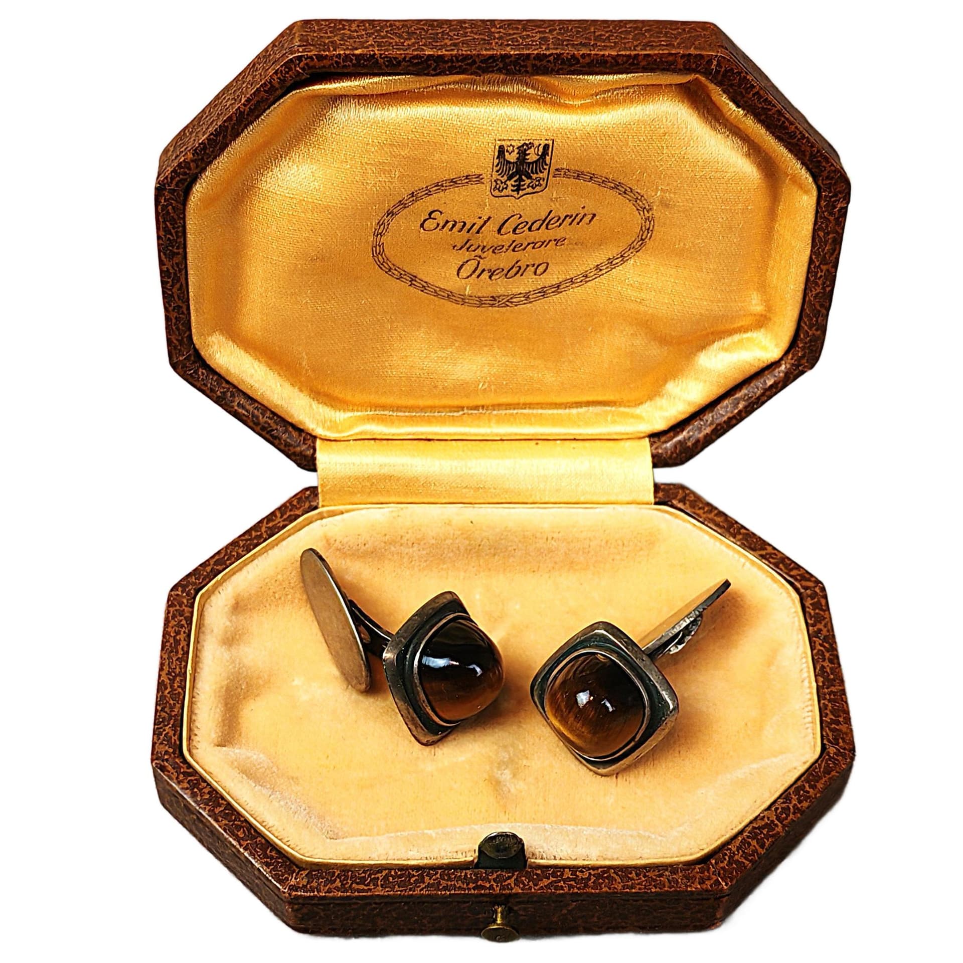 Para spinek do mankietów, srebro, tygrysie oko brązowy, proj. V. Janson, Szwecja, lata 60.