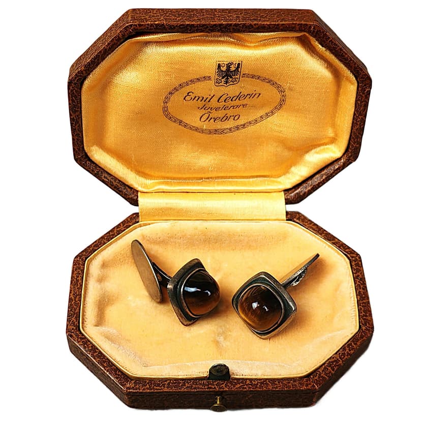 Para spinek do mankietów, srebro, tygrysie oko brązowy, proj. V. Janson, Szwecja, lata 60.