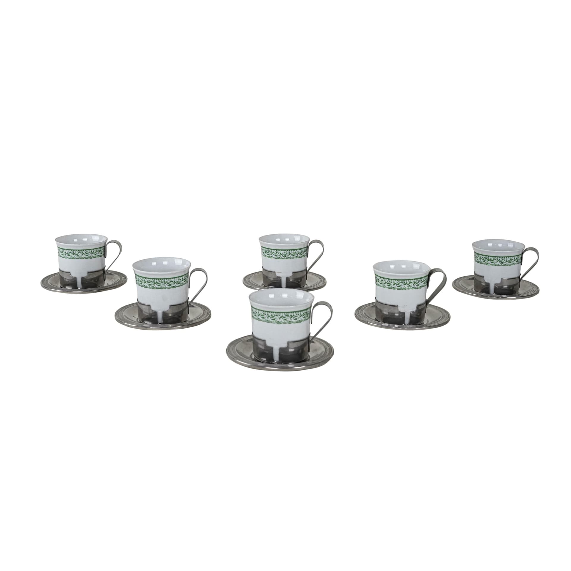 Komplet filiżanek do espresso, biały zielony, porcelana stal nierdzewna, Włochy, lata 80.
