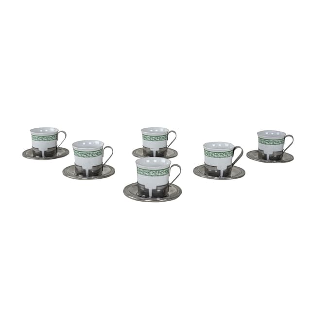 Komplet filiżanek do espresso, biały zielony, porcelana stal nierdzewna, Włochy, lata 80. - WYMIARY