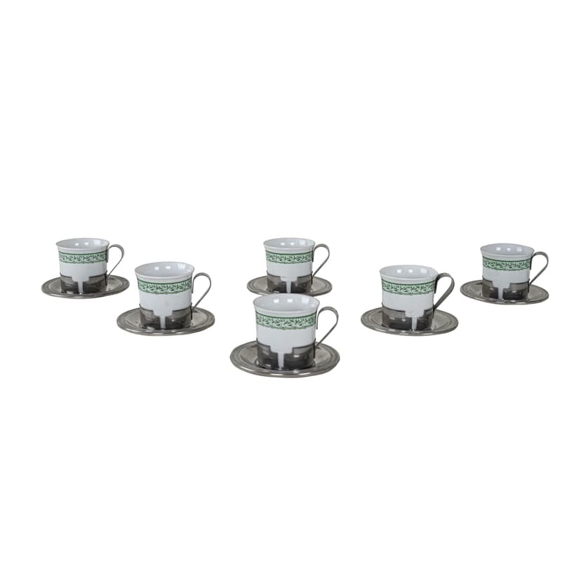 Komplet filiżanek do espresso, biały zielony, porcelana stal nierdzewna, Włochy, lata 80.