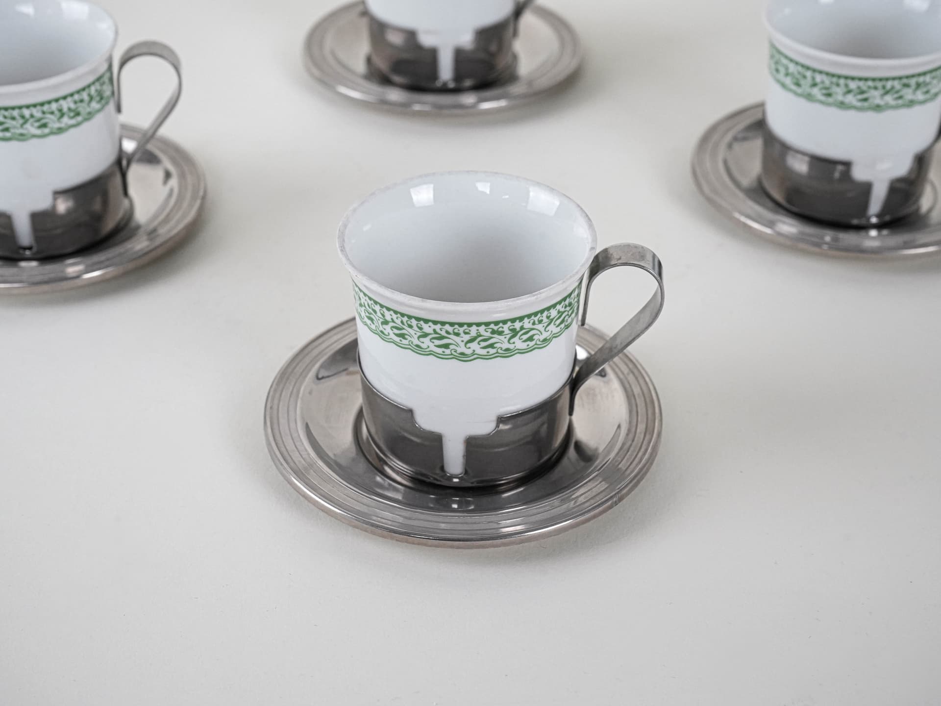 Komplet filiżanek do espresso, biały zielony, porcelana stal nierdzewna, Włochy, lata 80. - 222850