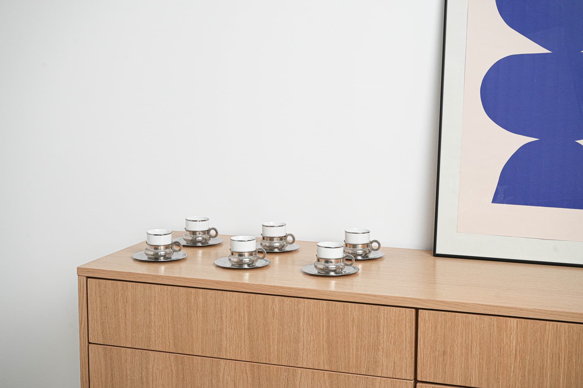 Komplet filiżanek do espresso, biały, porcelana, stal nierdzewna, Włochy, lata 80. - 222853