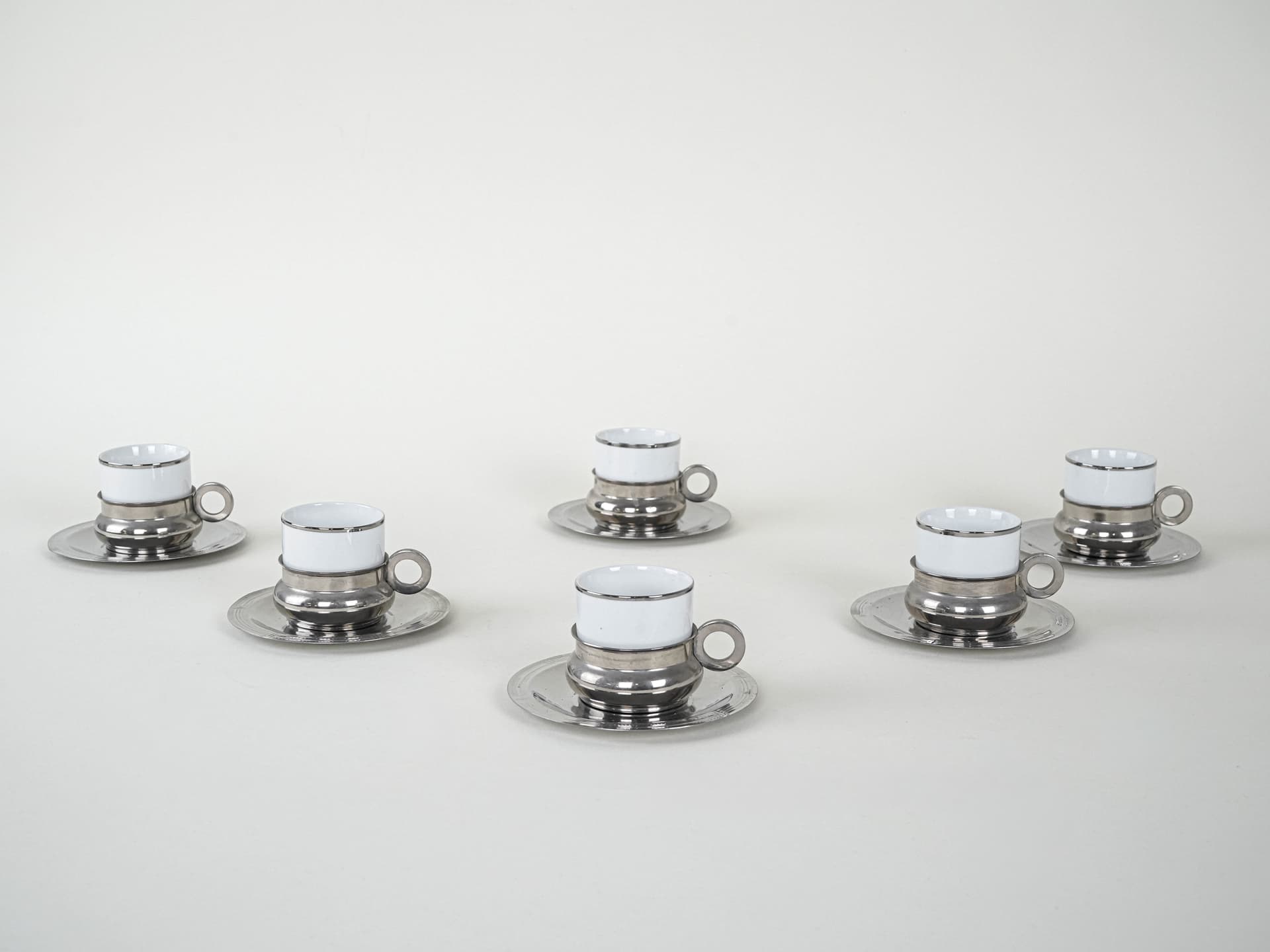 Komplet filiżanek do espresso, biały, porcelana, stal nierdzewna, Włochy, lata 80. - 222855