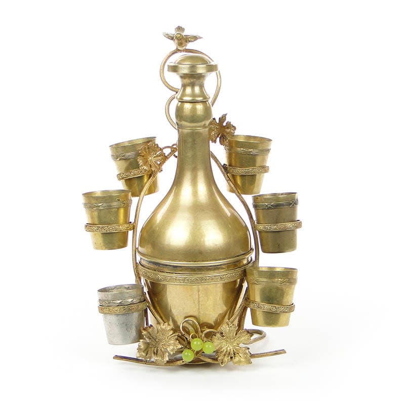 Art Nouveau Grappa Set, golden brass, Austria, early 20th c.