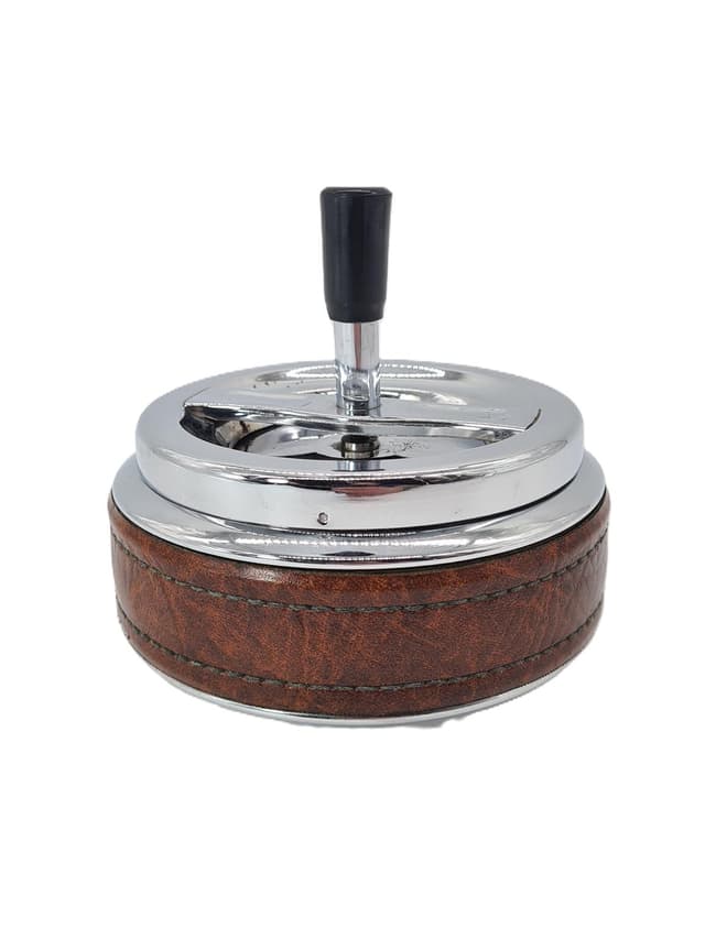 Popielnica stołowa, brązowa skóra, stal chromowana, Erhard, Niemcy, lata 60. - WYMIARY