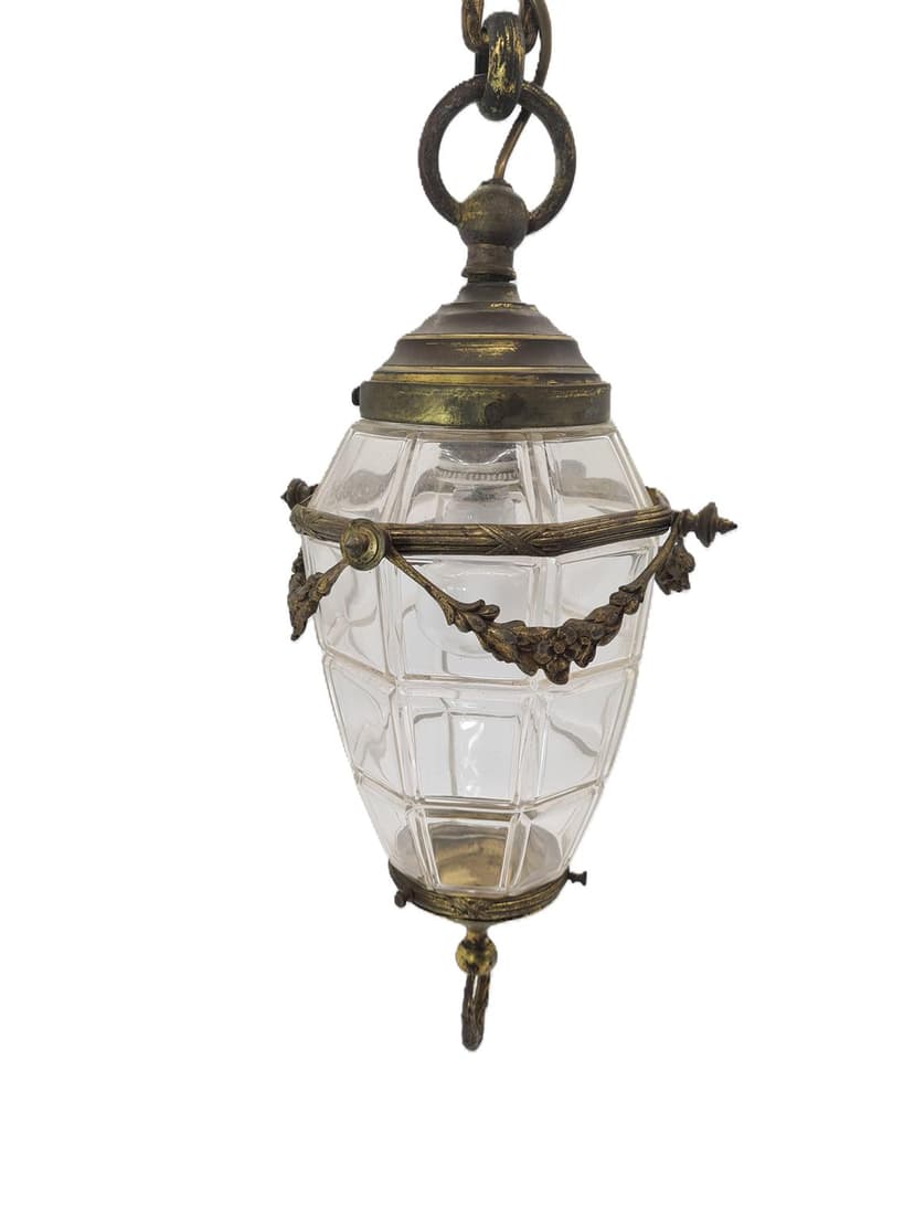 Pendant lamp, aged brass, clear beveled glass, 1960s