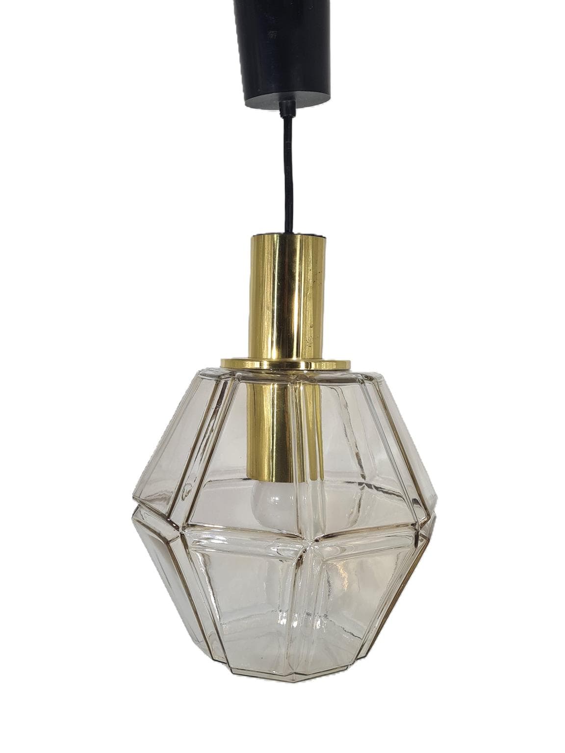 Pendant lamp, faceted transparent glass, brass, Glashütte Limburg, Germany, 1960s.