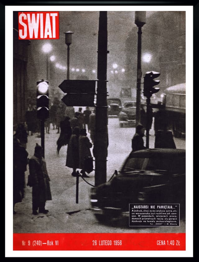 Okładka magazynu Świat, papier, aut. W. Sławny, Polska, lata 50. - WYMIARY