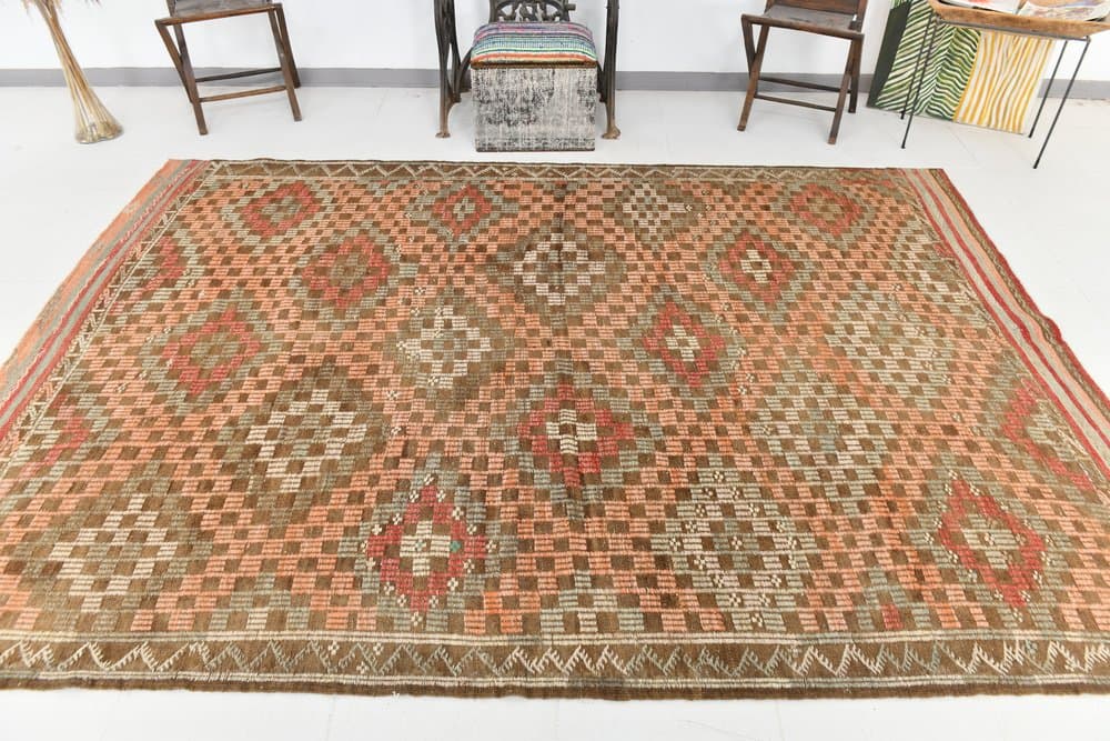 Kilim Rug 208x297 cm, green, red, wool, Turkey, 1960s - 223836