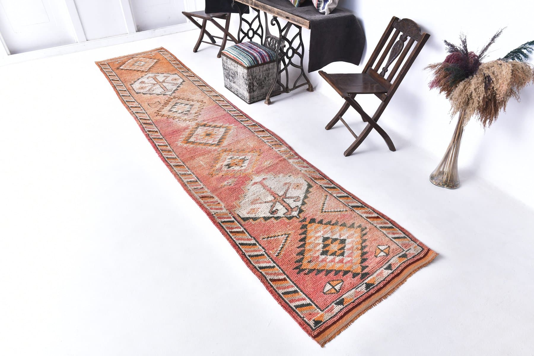 Chodnik 85x395 cm, pomarańczowy, beżowy, wełna, Turcja, lata 70. - 223823