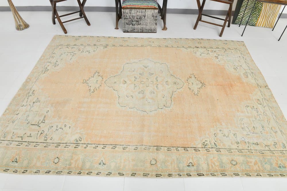 Dywan 251x185 cm, brzoskwiniowy, błękitny, wełna, Turcja, lata 70. - 223781