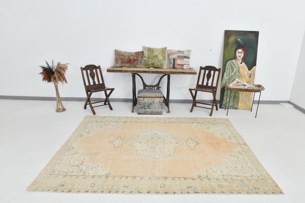 Dywan 251x185 cm, brzoskwiniowy, błękitny, wełna, Turcja, lata 70. - 223788