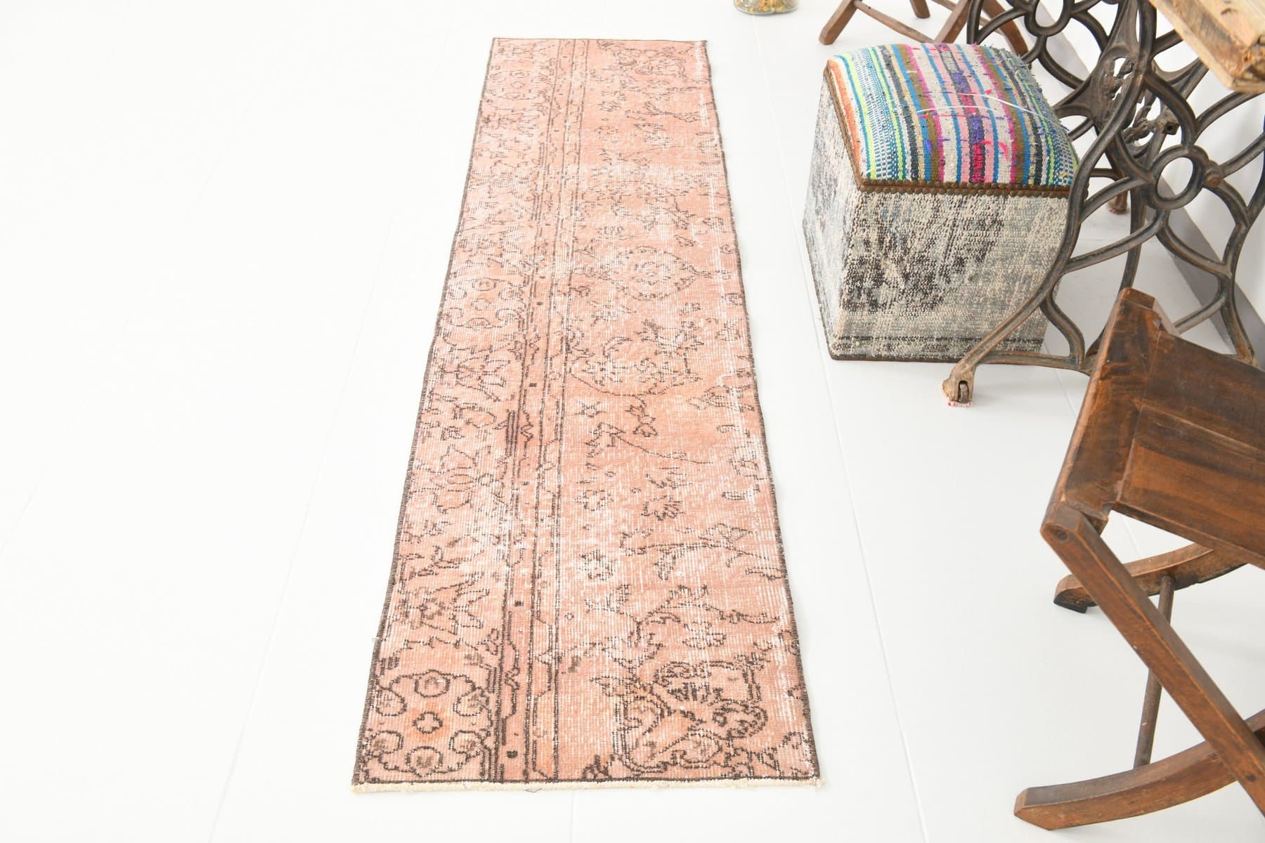 Chodnik 226x56 cm, różowy, wełna, Turcja, lata 70. - 223754