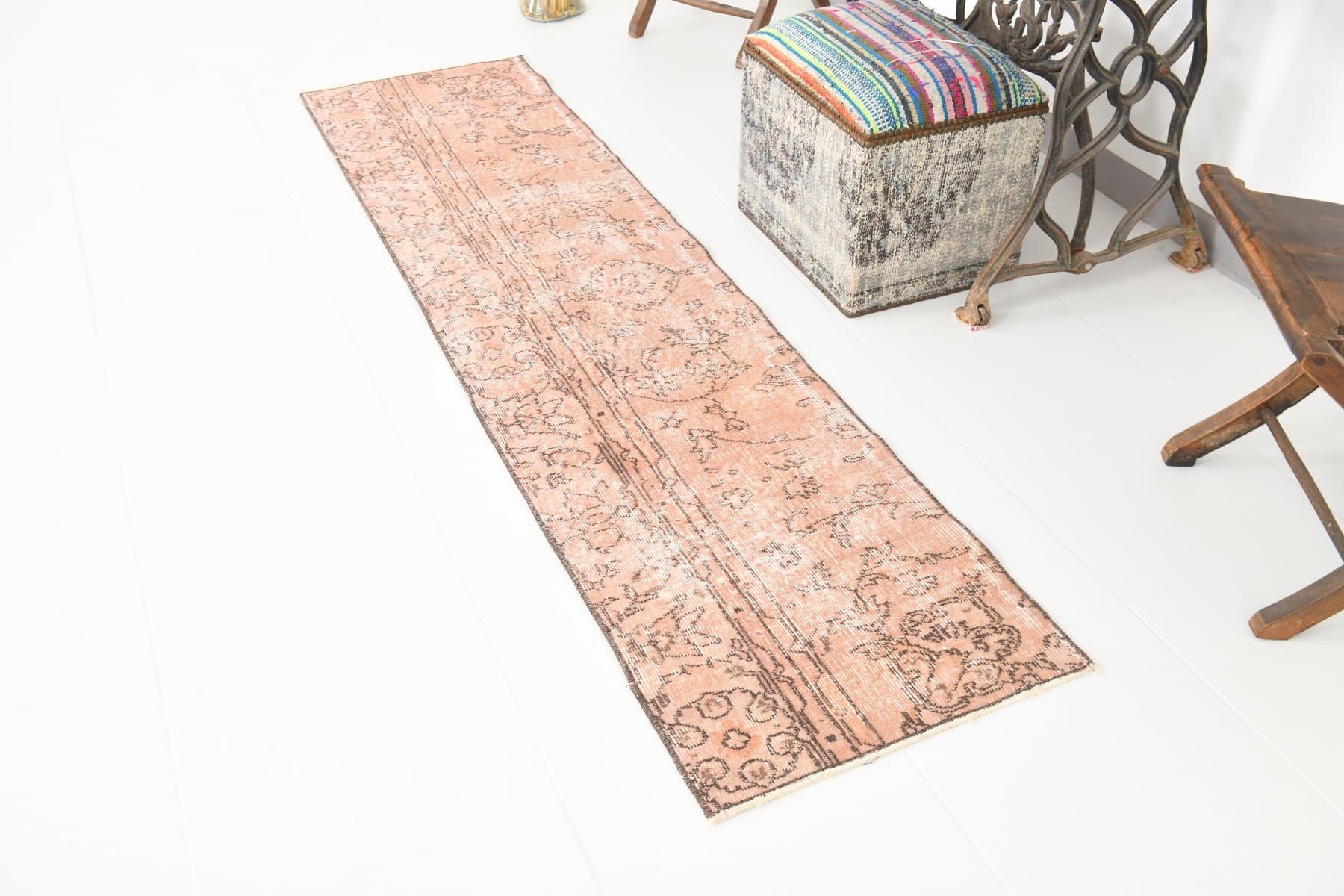 Chodnik 226x56 cm, różowy, wełna, Turcja, lata 70. - 223756