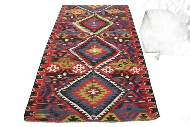 Kilim 130x219 cm, niebieski, oliwkowy, wełna, Turcja, lata 70. - WYMIARY