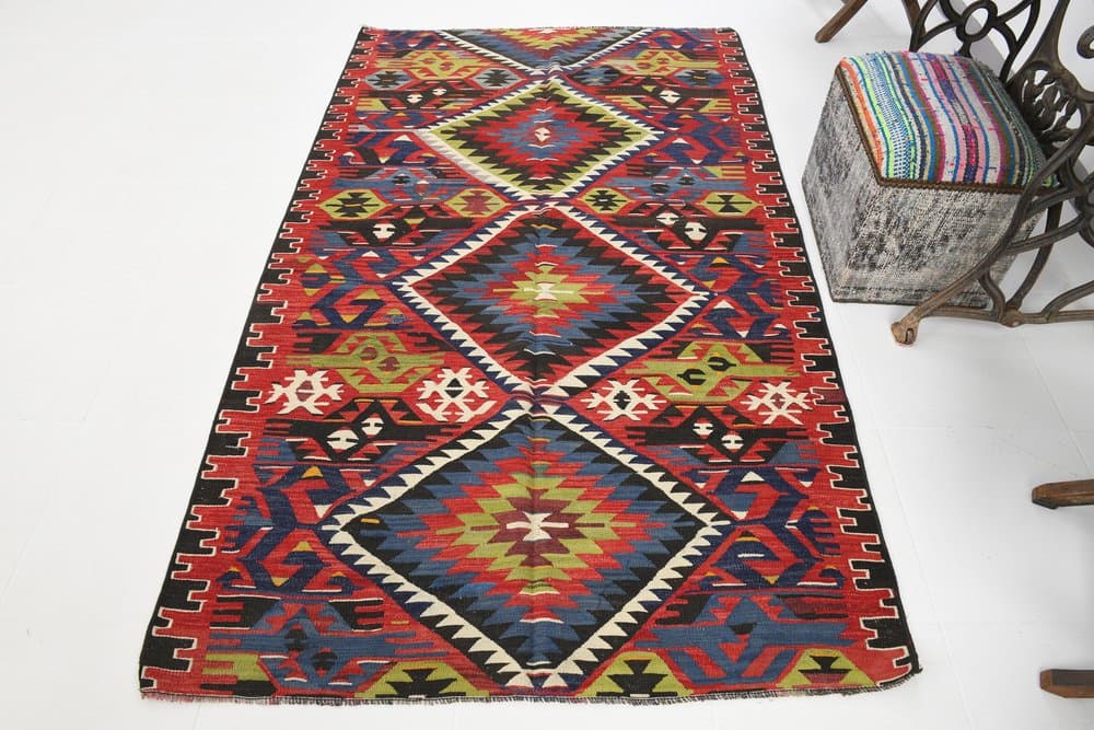 Kilim 130x219 cm, niebieski, oliwkowy, wełna, Turcja, lata 70. - 223752