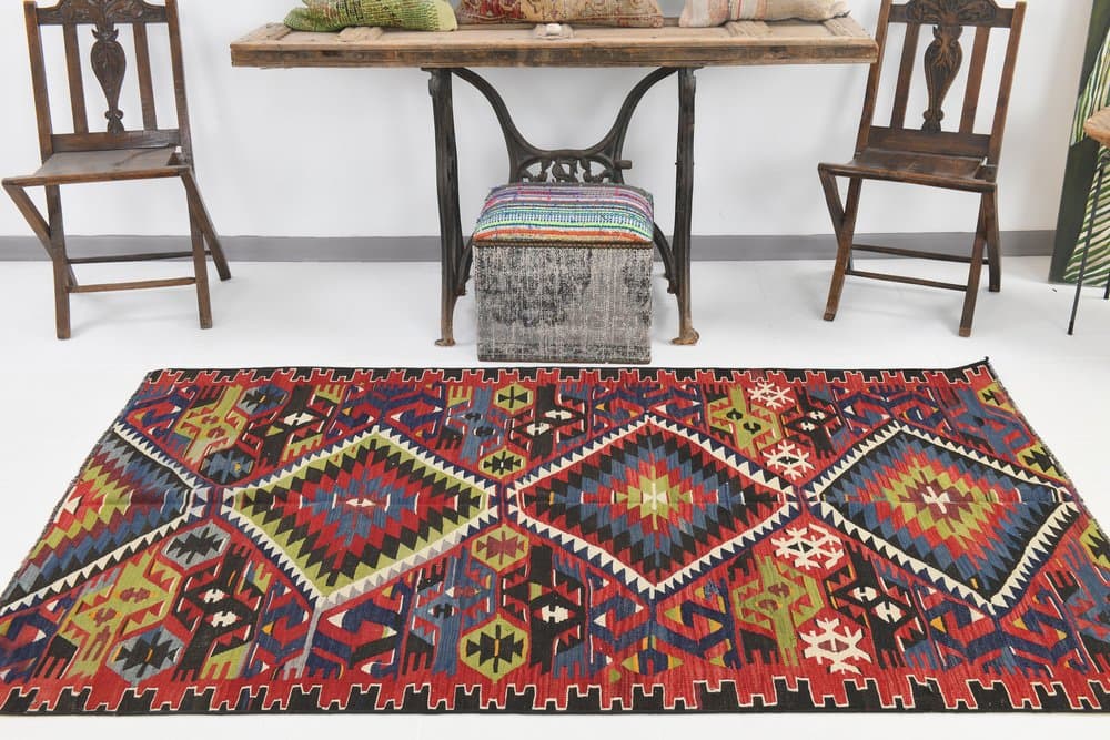 Kilim 130x219 cm, niebieski, oliwkowy, wełna, Turcja, lata 70. - 223745