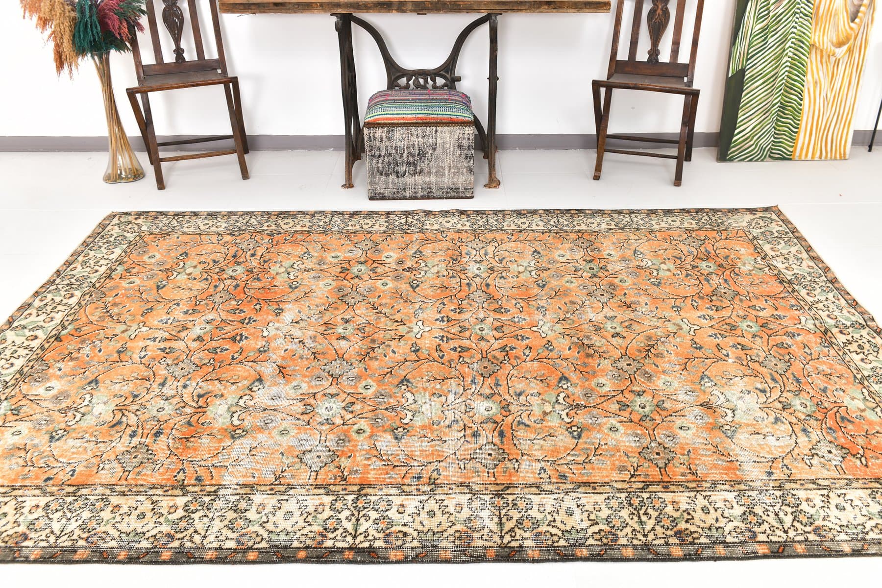 Dywan 182x282 cm, koralowy, beżowy, wełna, Turcja, lata 70. - 224172