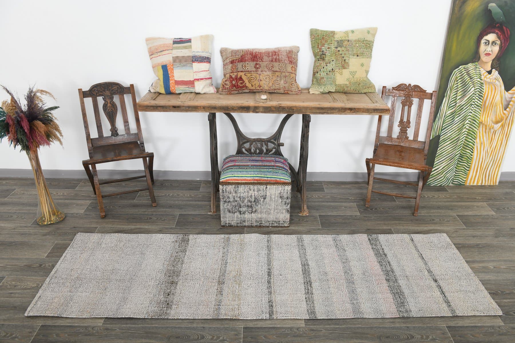 Chodnik kilim 243x70 cm, szary, wełna, Turcja, lata 70. - 224123