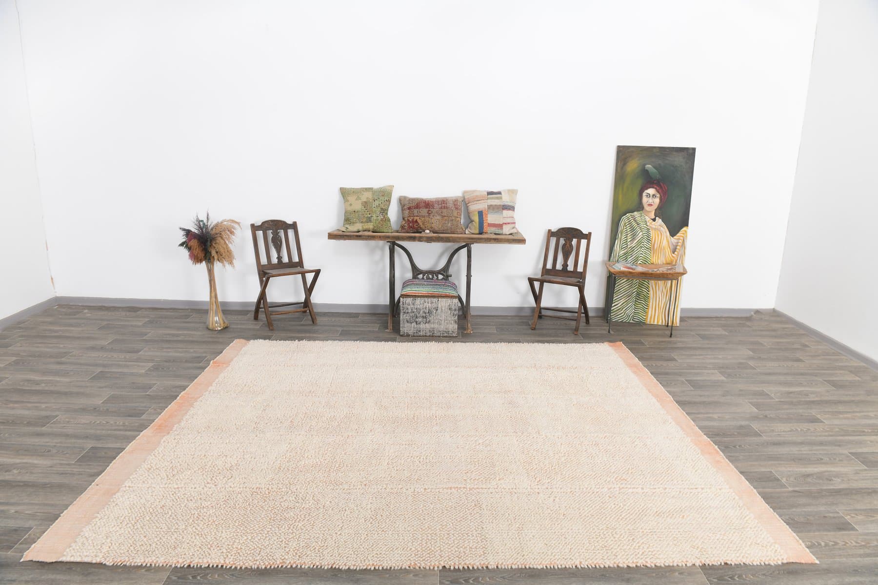 Kilim 306x253 cm, kremowy, łososiowy, wełna, Turcja, lata 70. - 224112