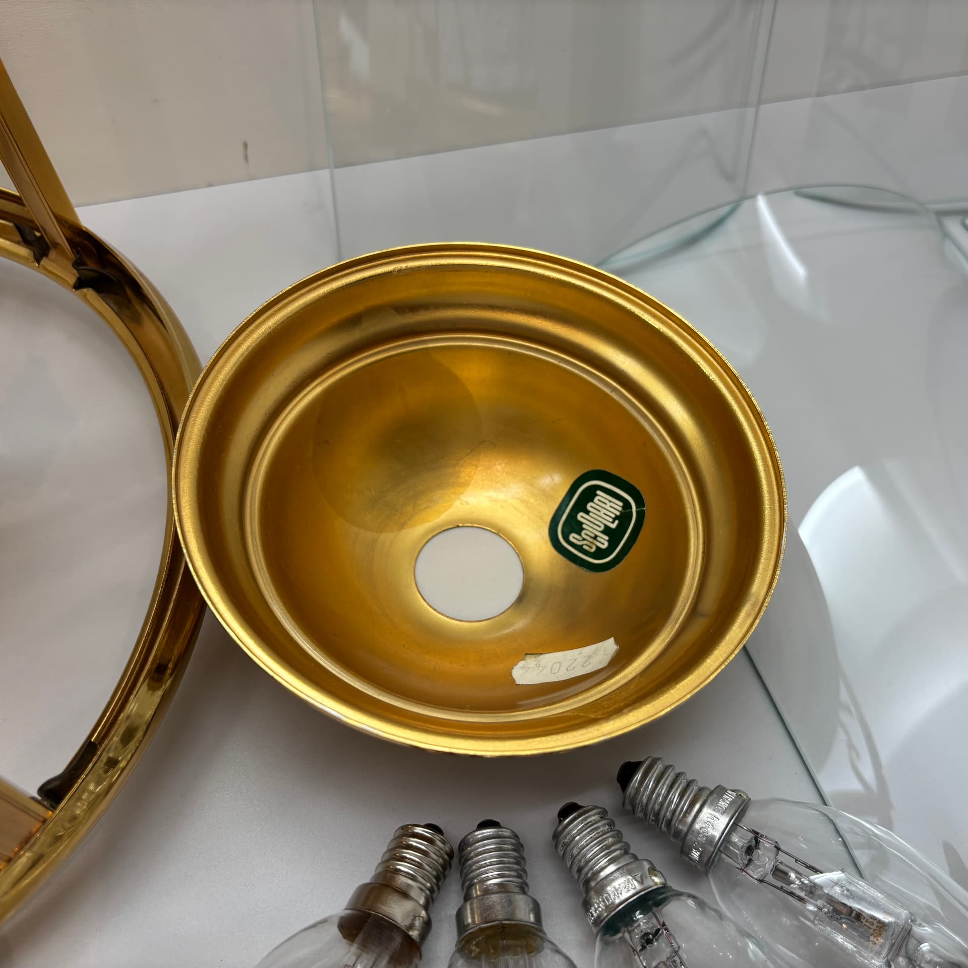 Pendant lamp, golden brass, glass, by G. Sciolari, Italy, 1970s. - 224271