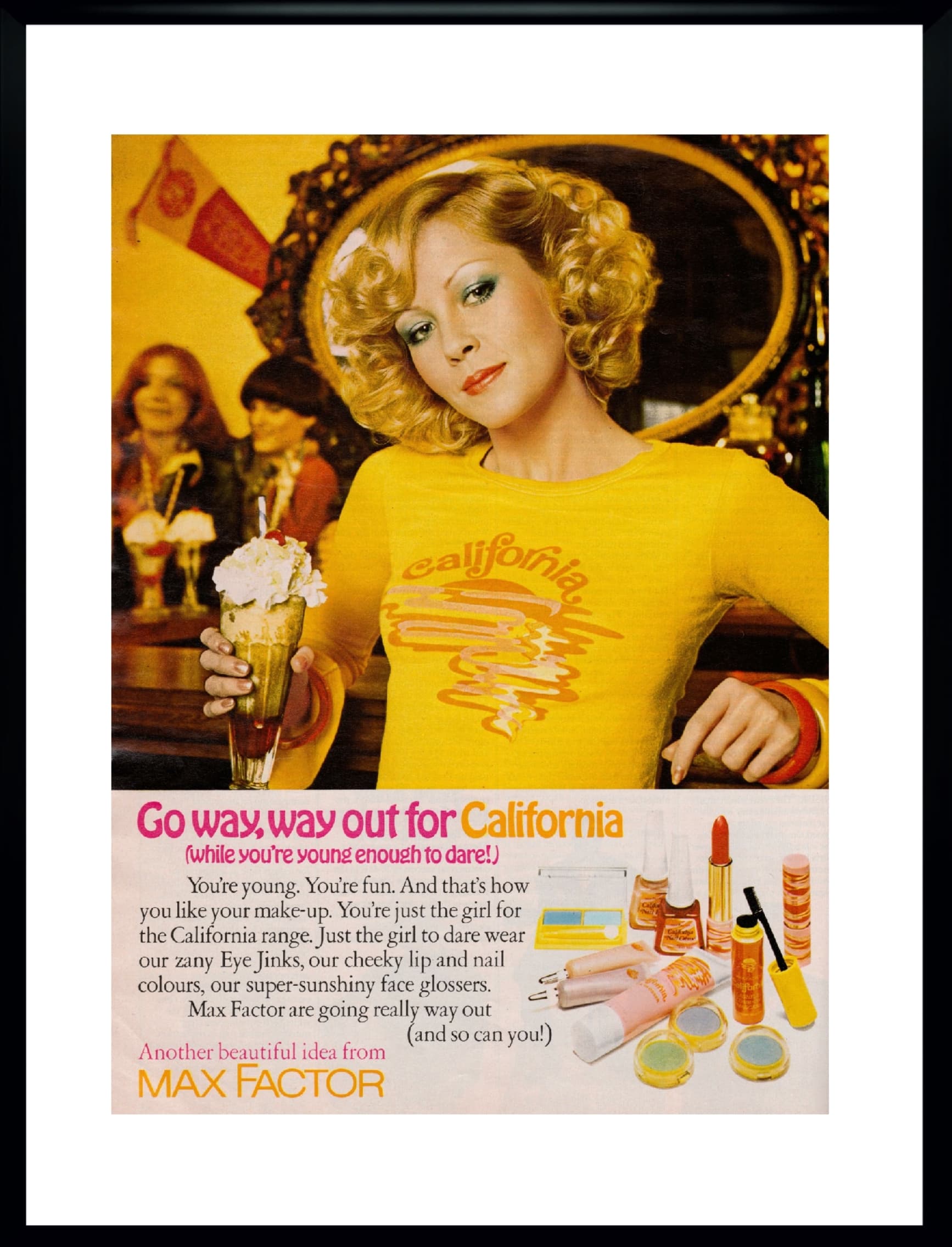 Plakat reklamowy MAX FACTOR, multikolor, papier, rama plastik czarny, USA, lata 70., 40x30cm