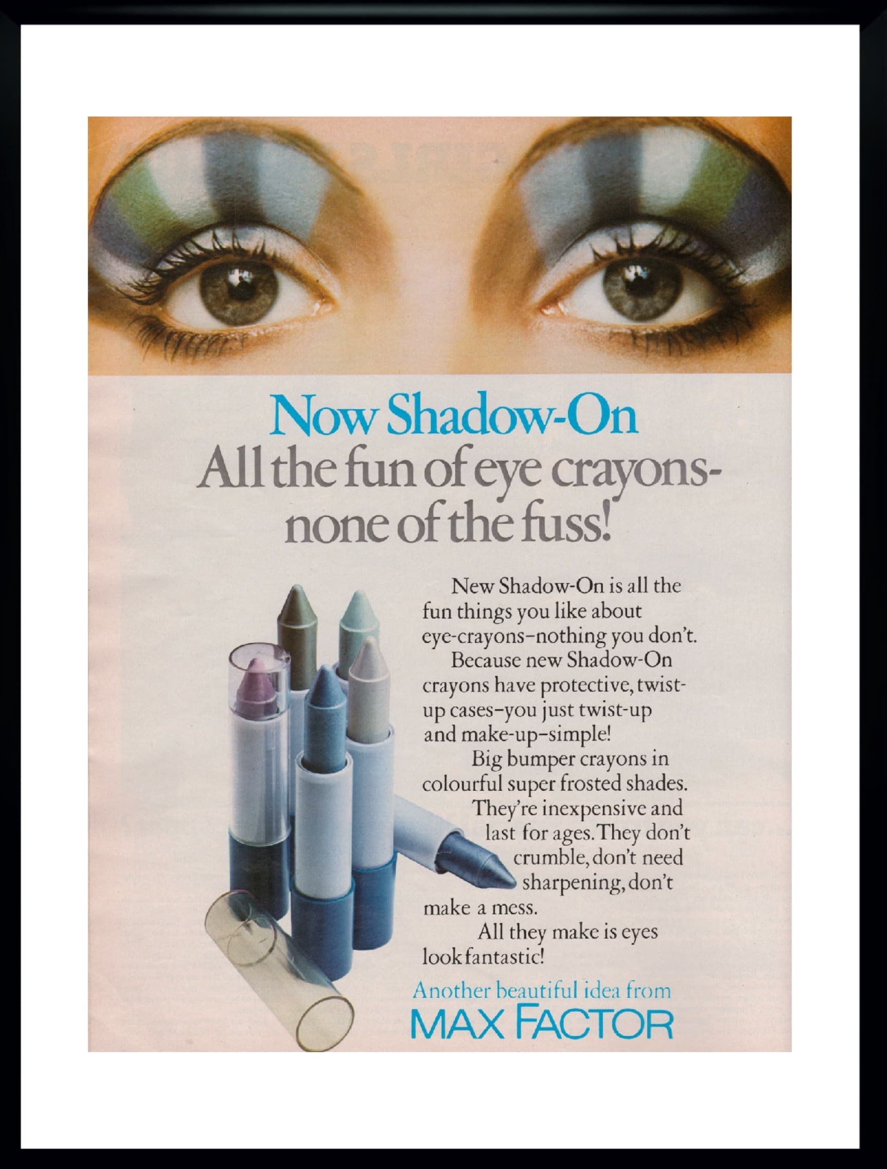 Reklama MAX FACTOR 30x40 cm, multikolor, USA, lata 70.