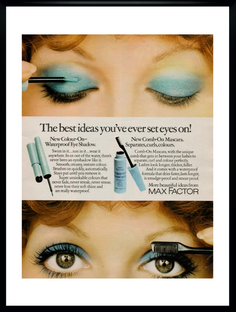 Plakat reklamowy MAX FACTOR 30x40 cm, multikolor, papier, USA, lata 70.
