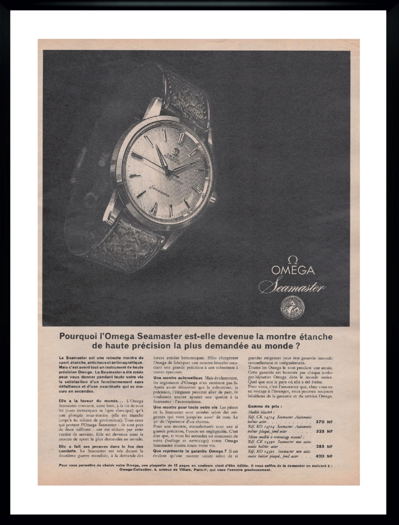Plakat reklamowy Omega Seamaster, czarny, papier, Francja, lata 60.