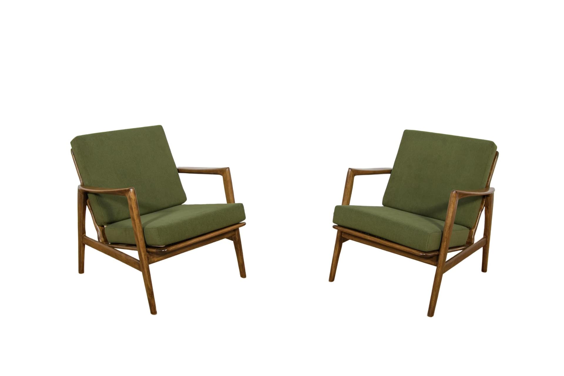 Para foteli 300-139, oliwkowozielona tkanina, buk orzech, Swarzędzka Fabryka Mebli, Polska, lata 60.