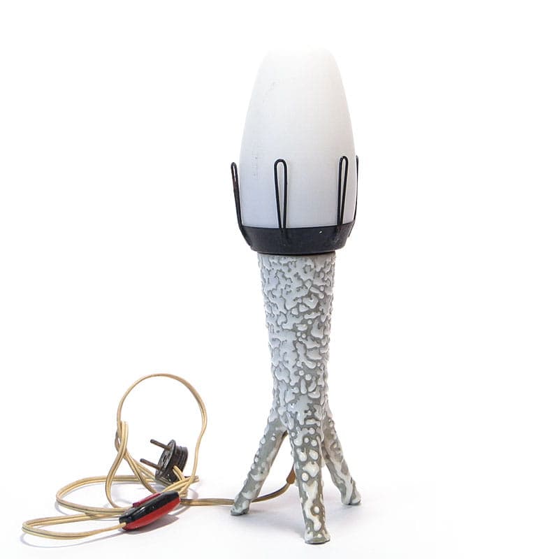 Lampa stołowa New Look, porcelit szary, szkło białe, proj. W. Gołajewska, Pruszków, Polska, lata 60.