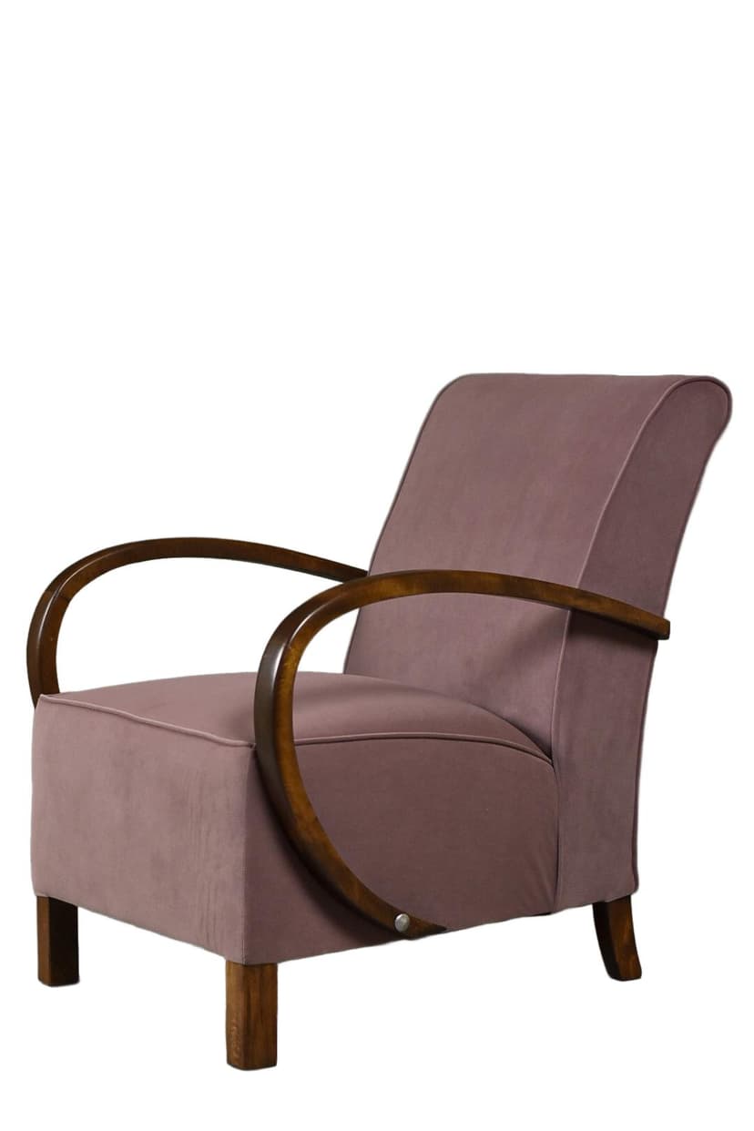 Fotel klubowy Art Déco, velvet fioletowy, drewno brązowy, Polska, lata 30.