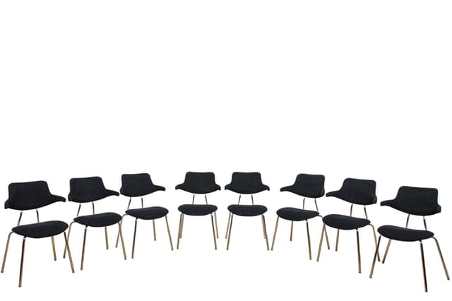 Komplet ośmiu krzeseł VL118, tkanina czarna, chrom, proj. V. Larsen, dla Vermund Larsen A/S, Dania, lata 60. - WYMIARY
