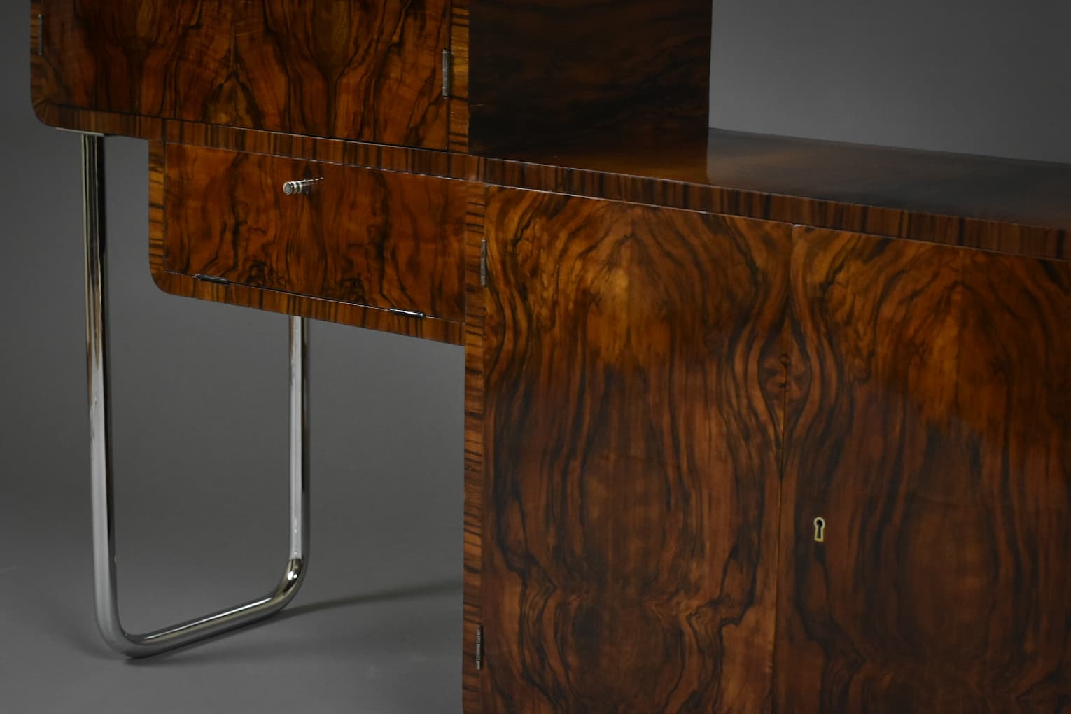 Mebel gabinetowy Art Deco, orzech brązowy, stal chromowana, Polska, lata 30. - 224652