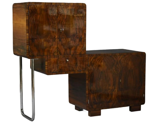 Mebel gabinetowy Art Deco, orzech brązowy, stal chromowana, Polska, lata 30. - WYMIARY