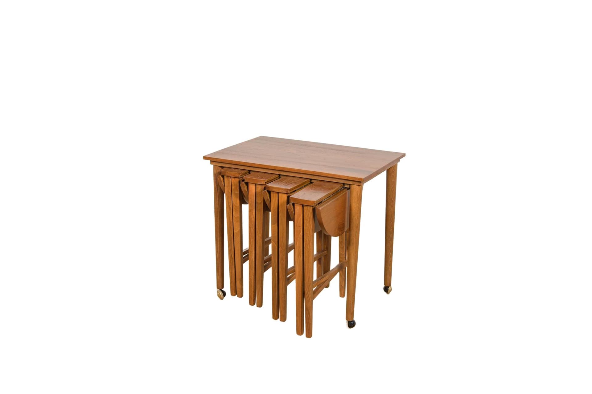 Komplet stolików gniazdowych, teak brązowy, buk, proj. P. Hundevad, Czechosłowacja, lata 60.