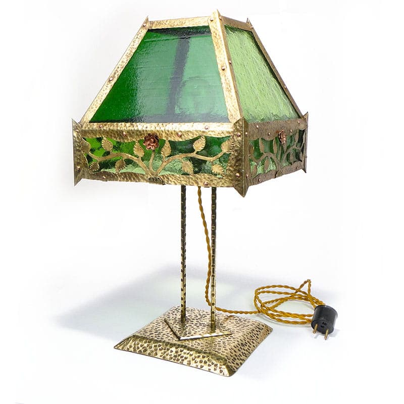 Lampa stołowa secesyjna, zielone szkło, mosiądz, Polska, początek XX w. - 224751