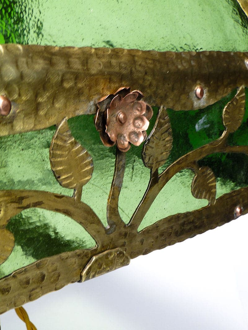 Lampa stołowa secesyjna, zielone szkło, mosiądz, Polska, początek XX w. - 224754