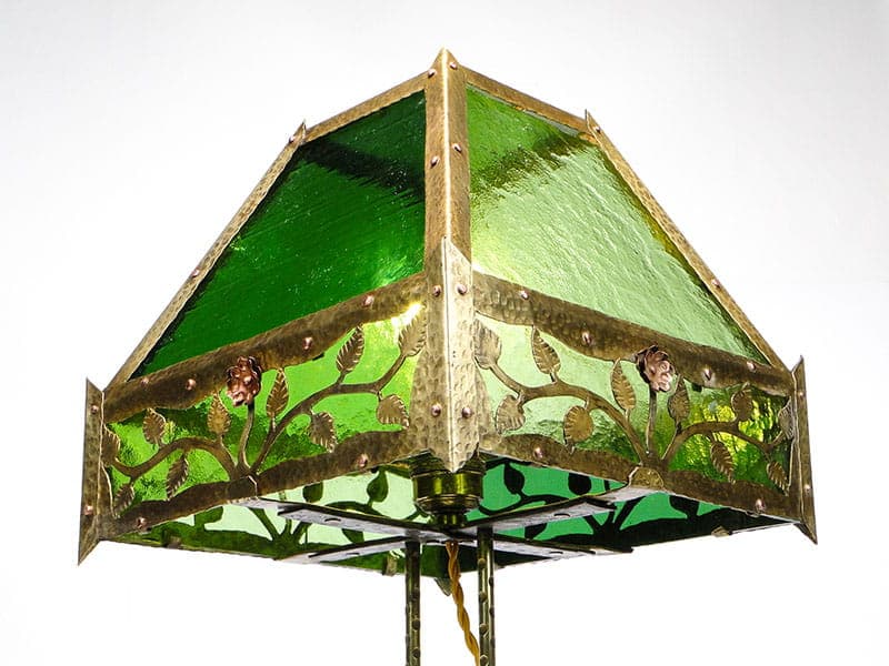 Lampa stołowa secesyjna, zielone szkło, mosiądz, Polska, początek XX w. - 224758