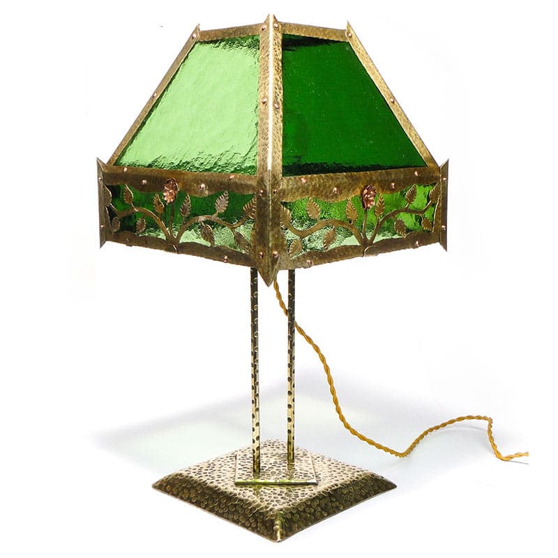 Lampa stołowa secesyjna, zielone szkło, mosiądz, Polska, początek XX w.