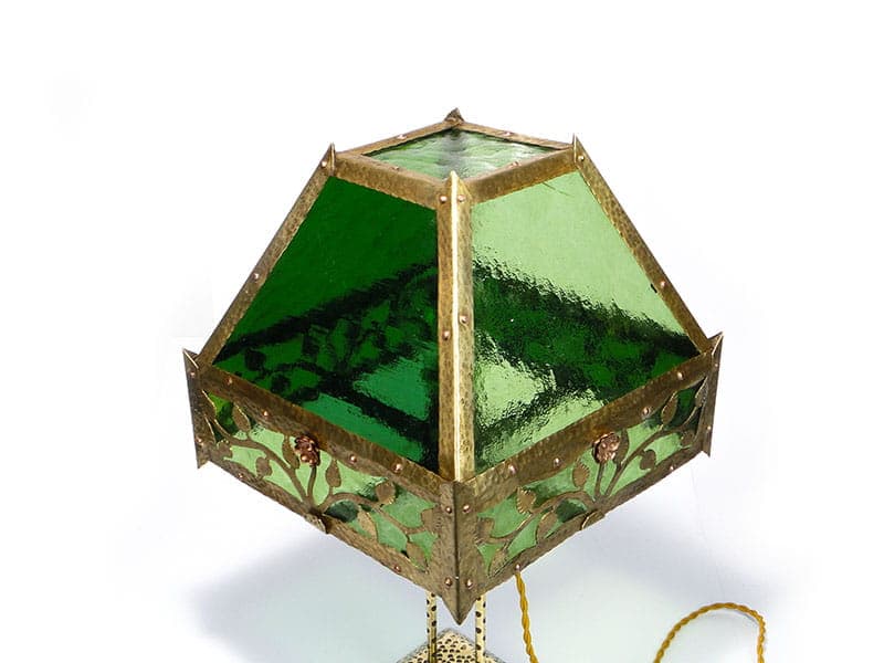 Lampa stołowa secesyjna, zielone szkło, mosiądz, Polska, początek XX w. - 224750