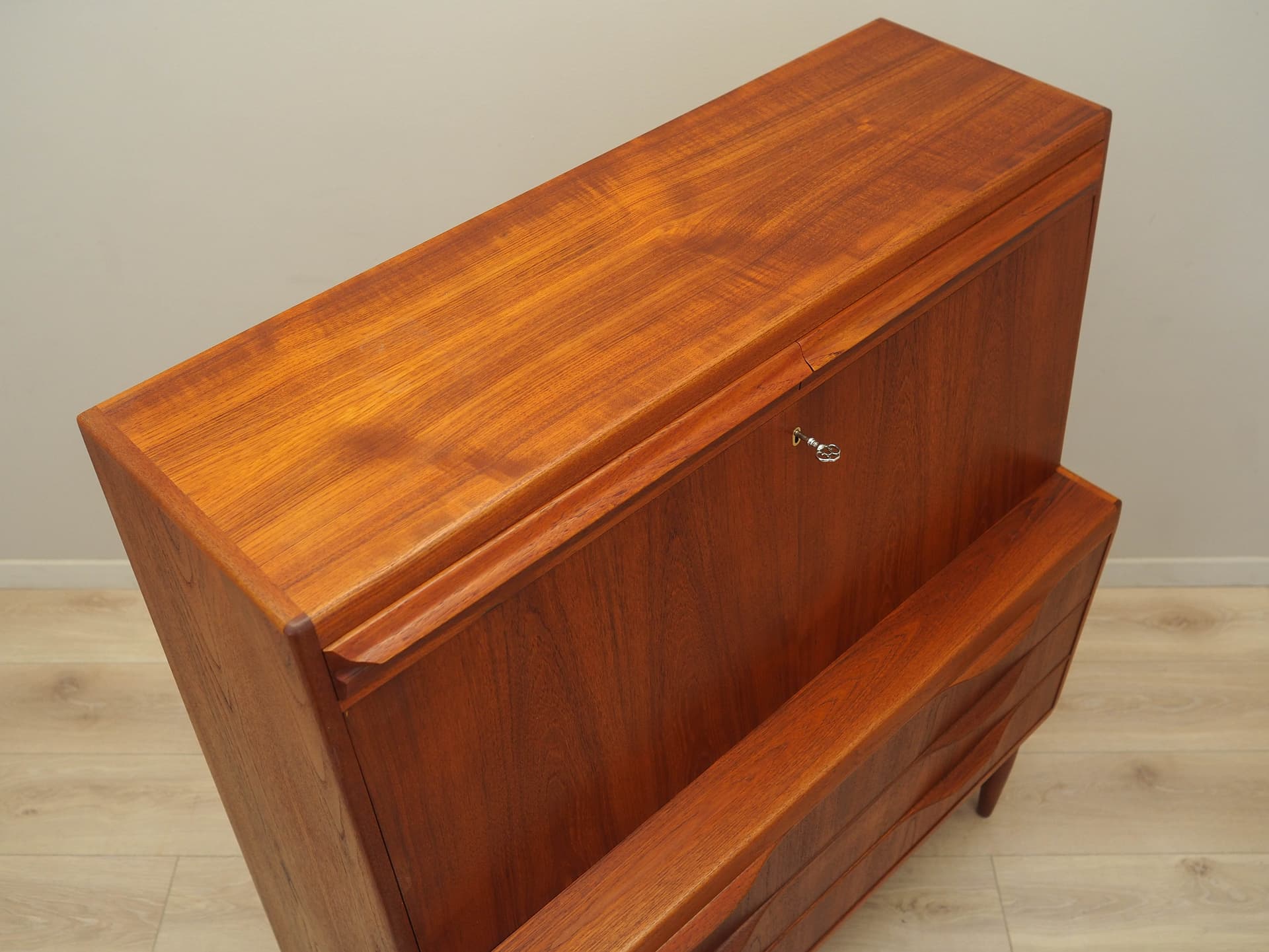 Sekretarzyk, teak brązowy, proj. E. Torvits, Klim Møbelfabrik, Dania, lata 60. - 224907